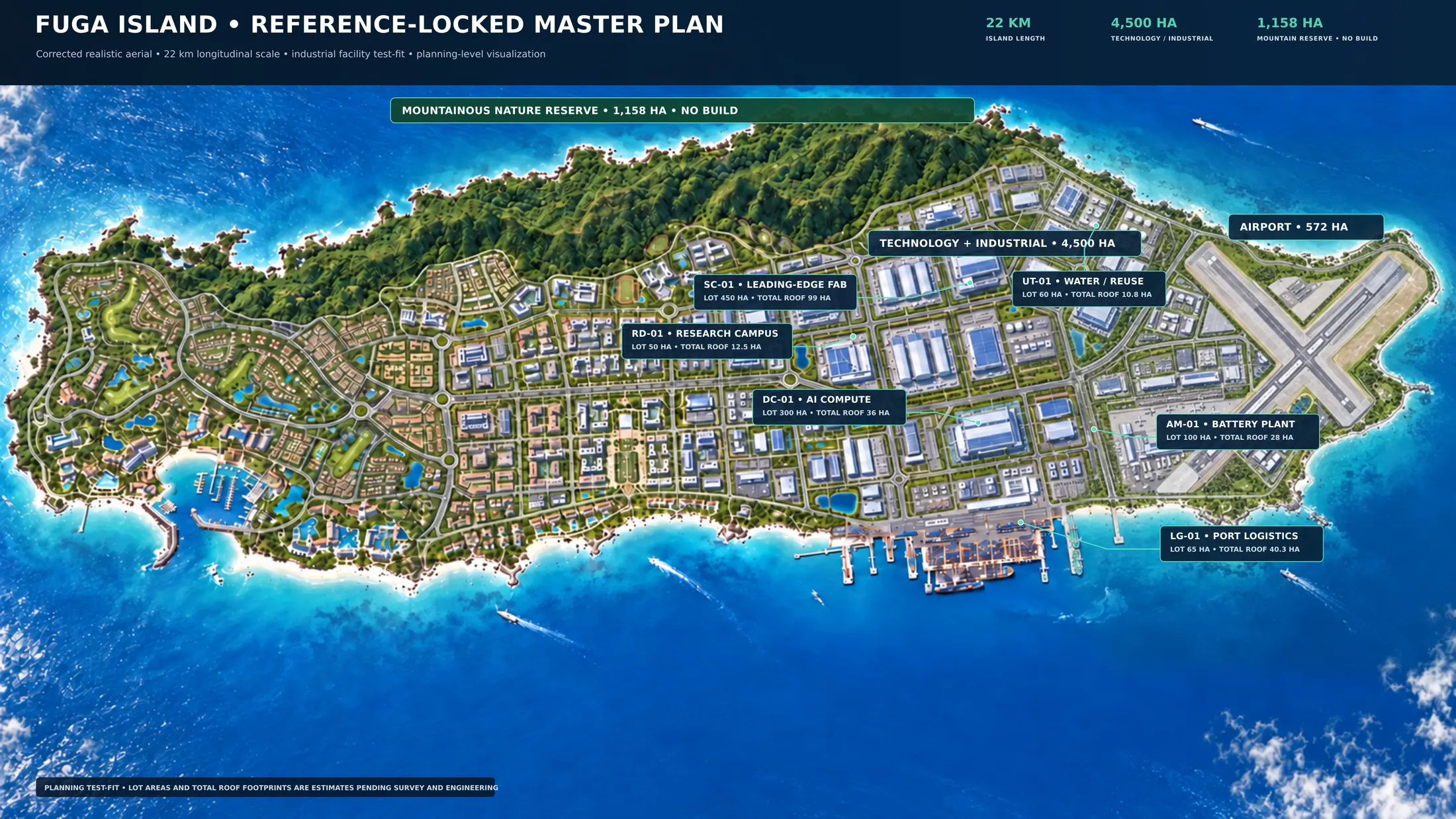 Conceptual Fuga Island industrial test-fit identifying AI compute, semiconductor, battery, research, utilities and port logistics zones