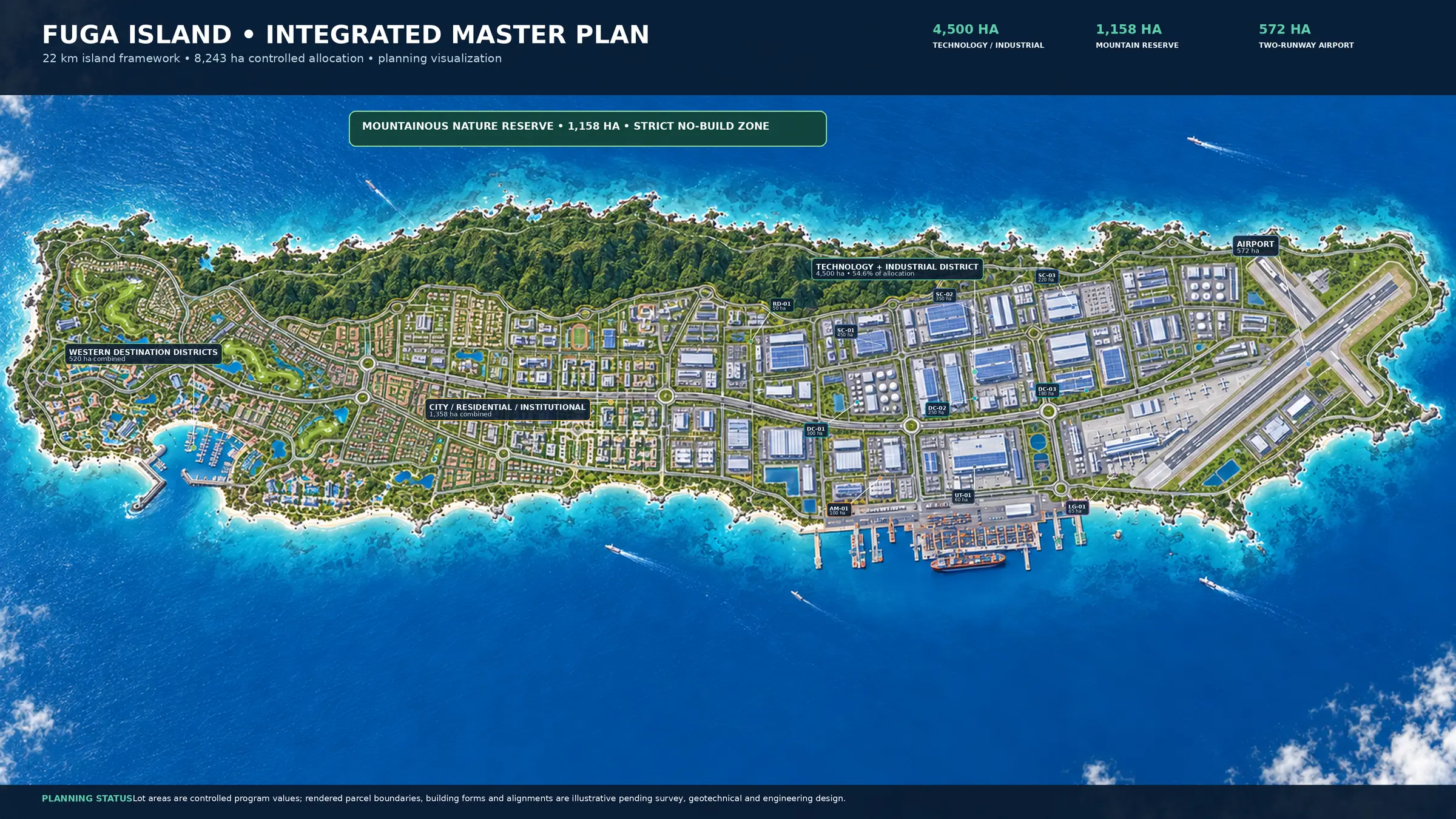 Conceptual integrated master plan for Fuga Island showing proposed industrial, airport, port, residential and conservation areas